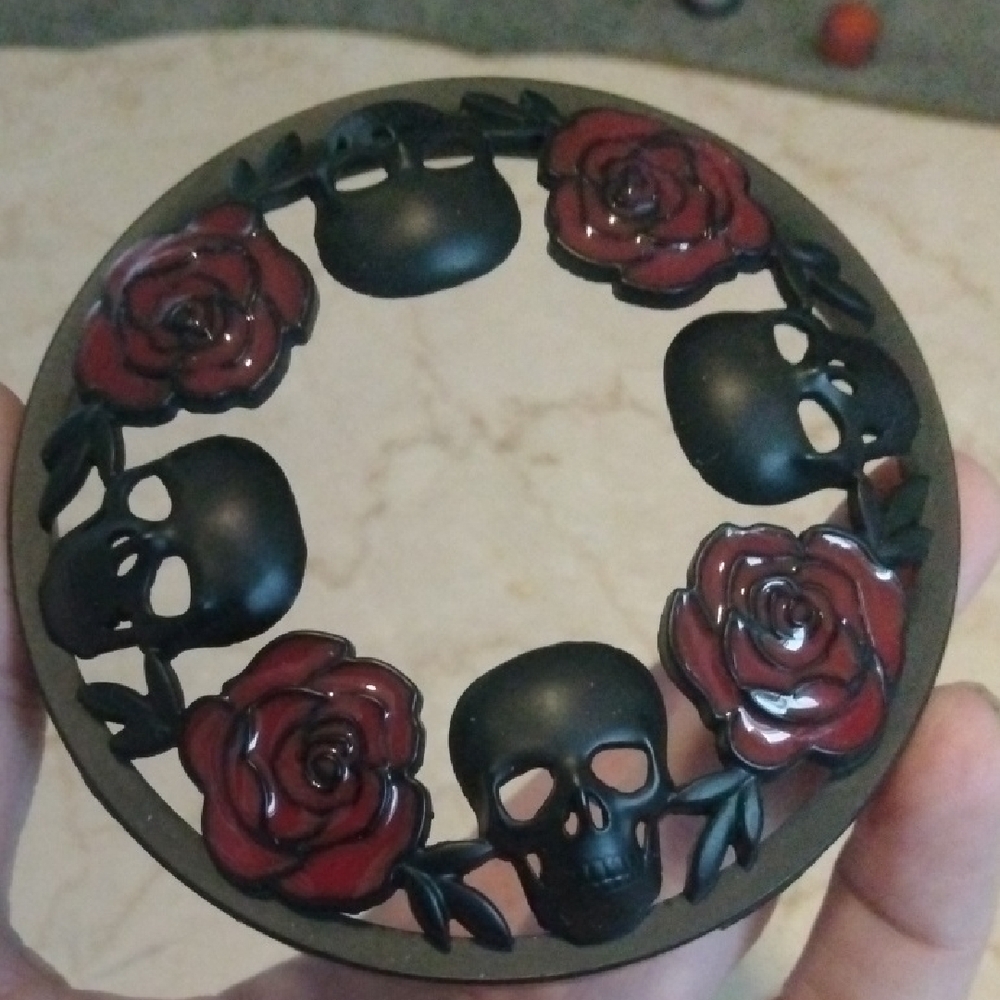 Black and Red Skull and Rose Decorative Plate